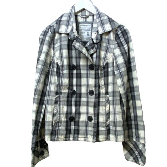 AEROPOSTALE Pea Coat Jacket Medium Gray Plaid Cotton Womens - Picture 1 of 12